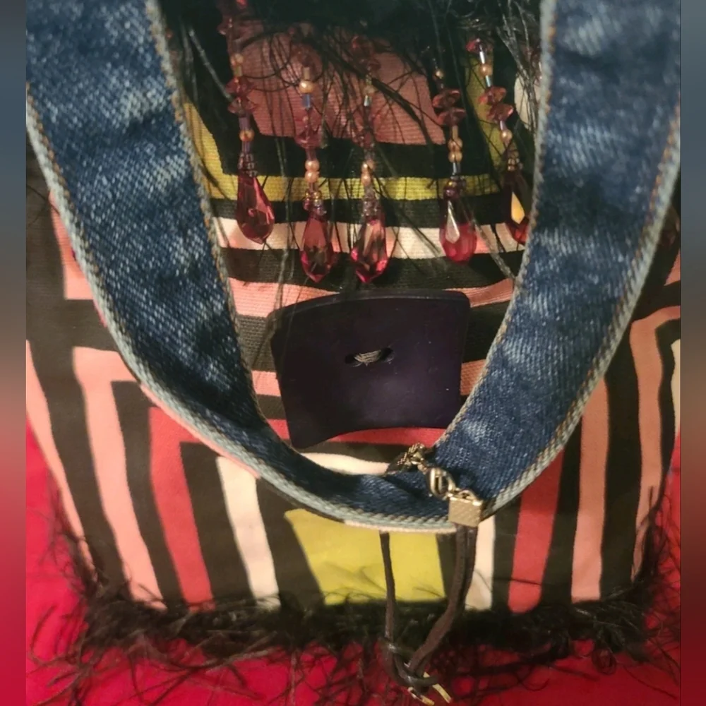Glenda Sirota One of a Kind Bead & Boa Feather Handmade Colorful Geometric Tote